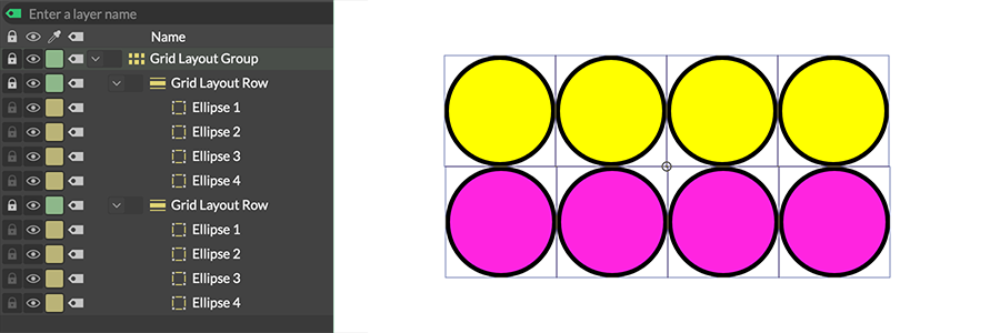 Um grupo de layout de grade com linhas de layout de grade contendo o mesmo número de formas.